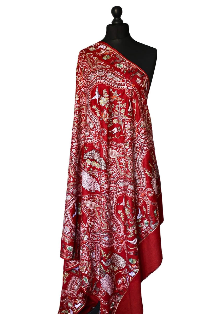Hand Embroidered Qalamkar Shawl - Royal Red - Zooni Cashmere Originals