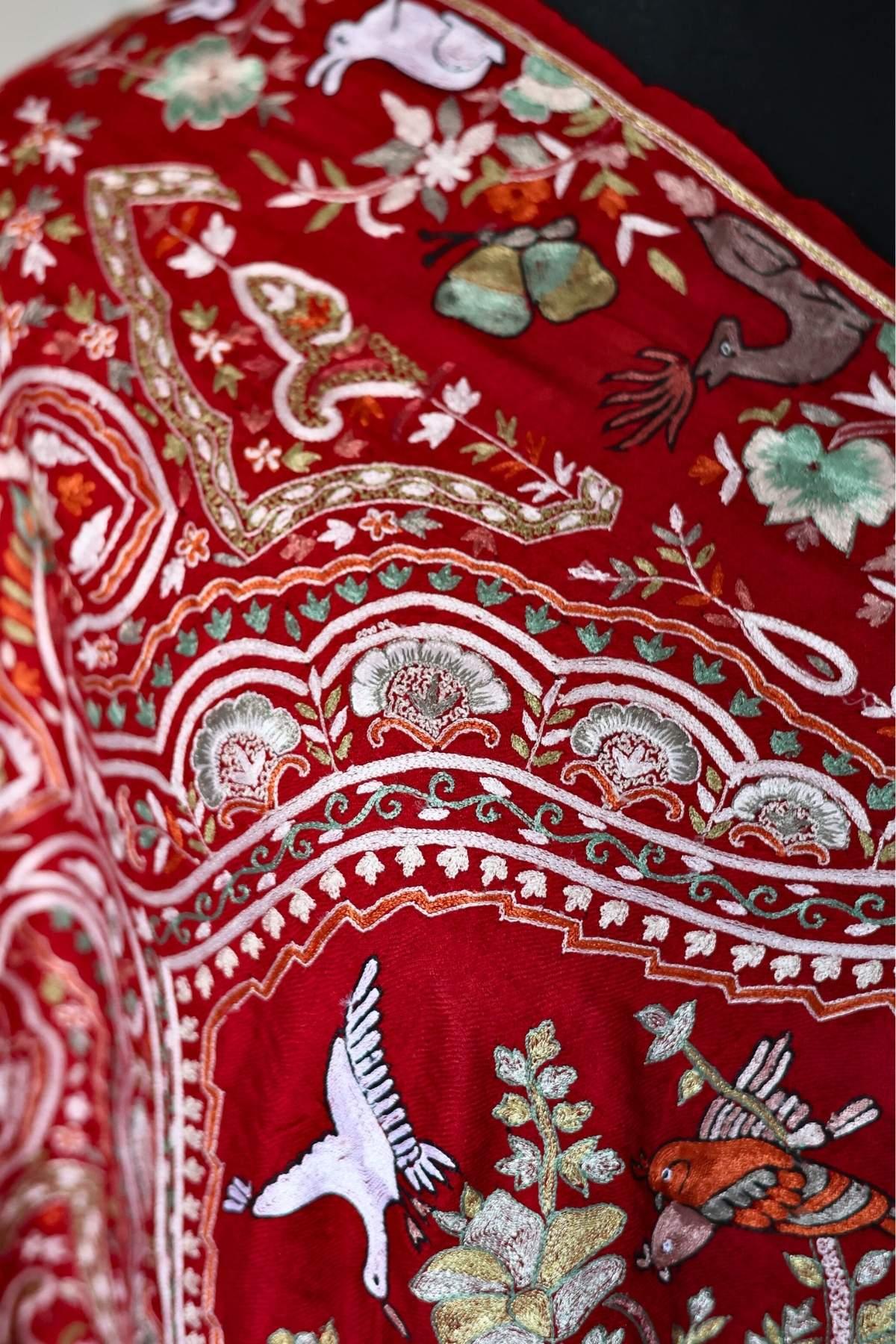 Hand Embroidered Qalamkar Shawl - Royal Red - Zooni Cashmere Originals