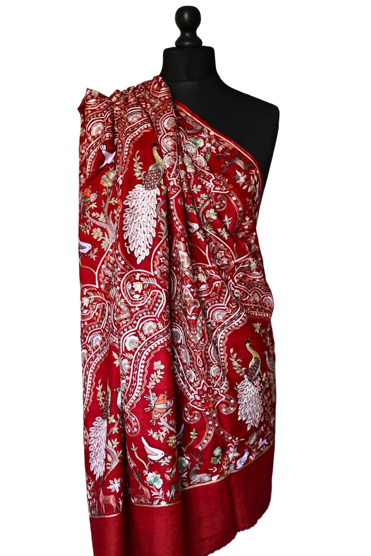 Hand Embroidered Qalamkar Shawl - Royal Red - Zooni Cashmere Originals