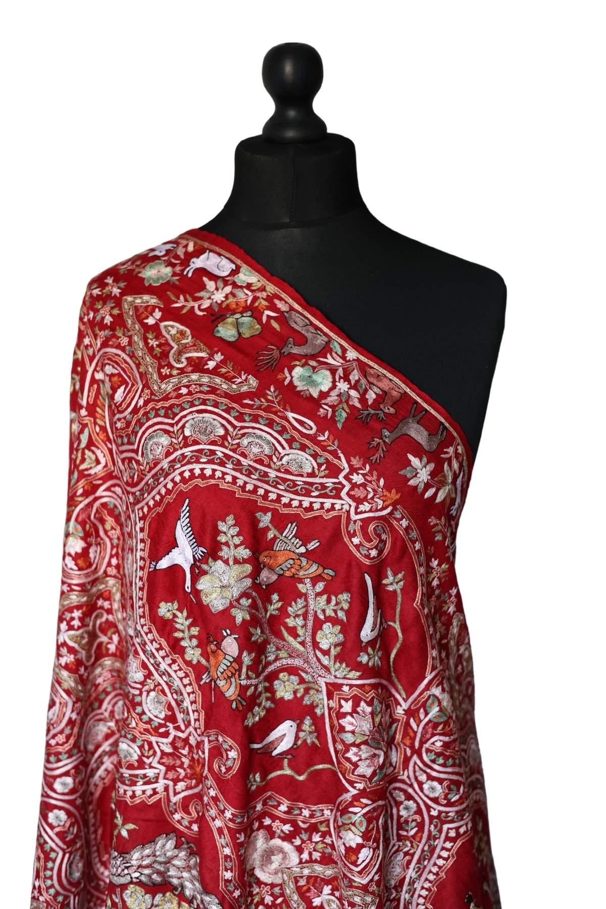 Hand Embroidered Qalamkar Shawl - Royal Red - Zooni Cashmere Originals