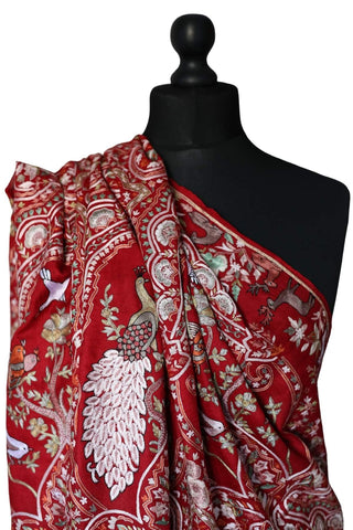 Hand Embroidered Qalamkar Shawl - Royal Red - Zooni Cashmere Originals