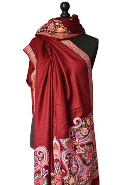 Hand Embroidered Qalamkar Shawl - A Royal Red - Zooni Cashmere Originals