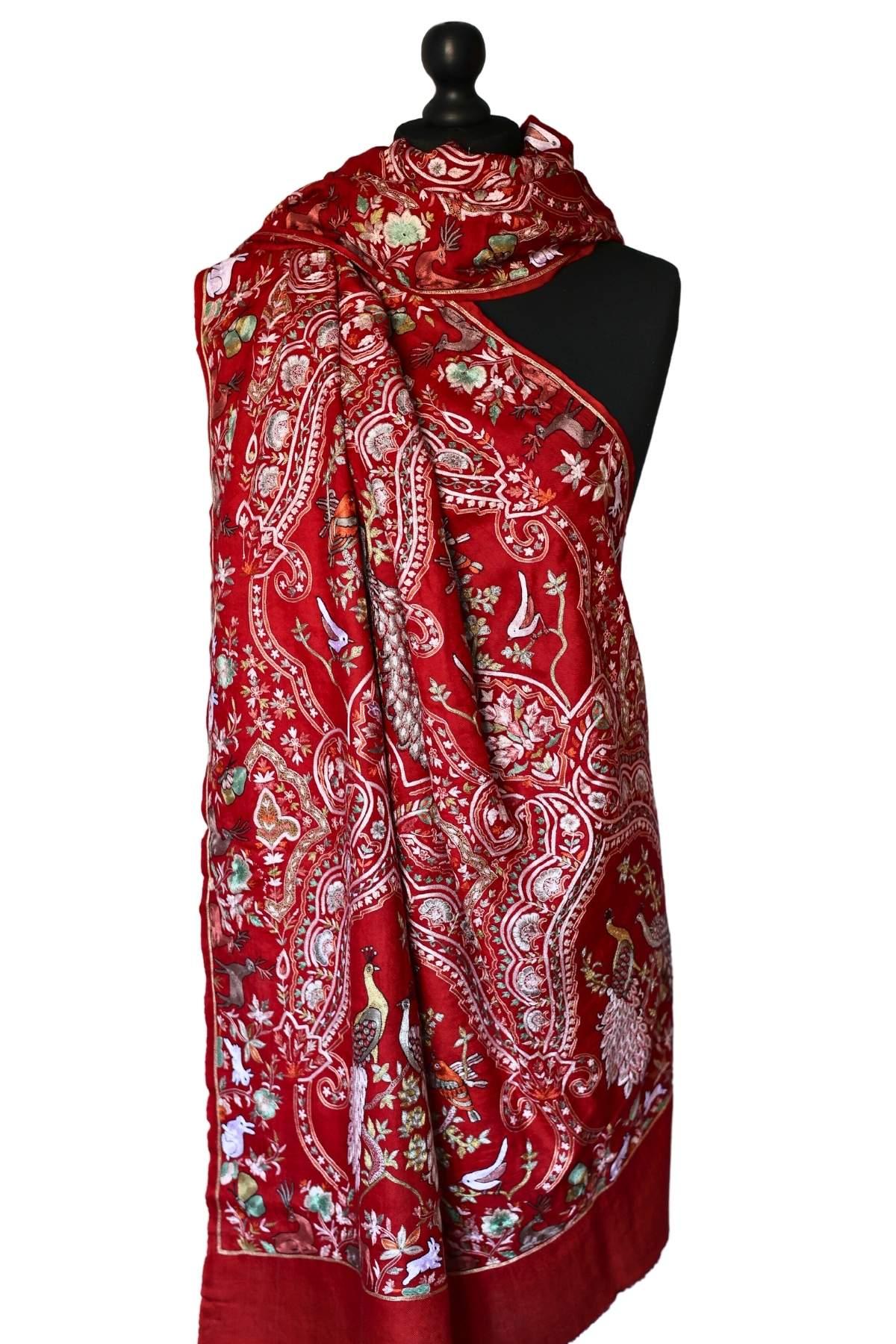 Hand Embroidered Qalamkar Shawl - Royal Red - Zooni Cashmere Originals