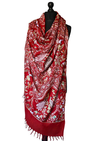 Hand Embroidered Qalamkar Shawl - Royal Red - Zooni Cashmere Originals