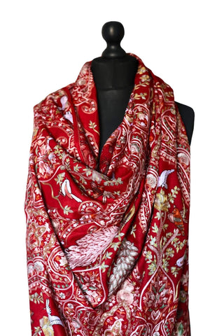 Hand Embroidered Qalamkar Shawl - Royal Red - Zooni Cashmere Originals