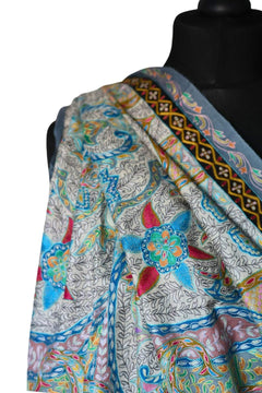 Hand Embroidered Qalamkar Shawl - Blue - Zooni Cashmere Originals