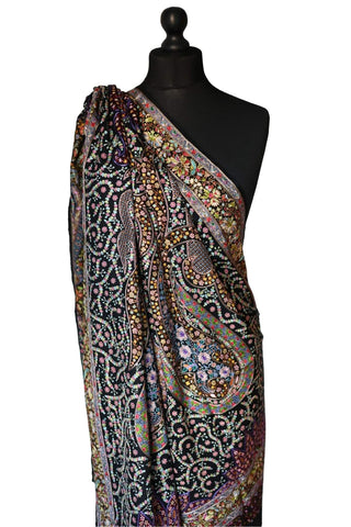 Hand Embroidered Qalamkar Shawl - Black - Zooni Cashmere Originals