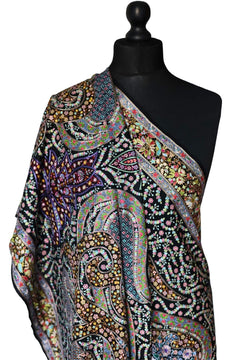 Hand Embroidered Qalamkar Shawl - Black - Zooni Cashmere Originals