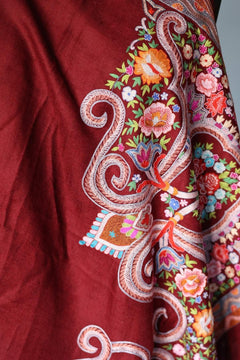 Hand Embroidered Qalamkar Shawl - A Royal Red - Zooni Cashmere Originals