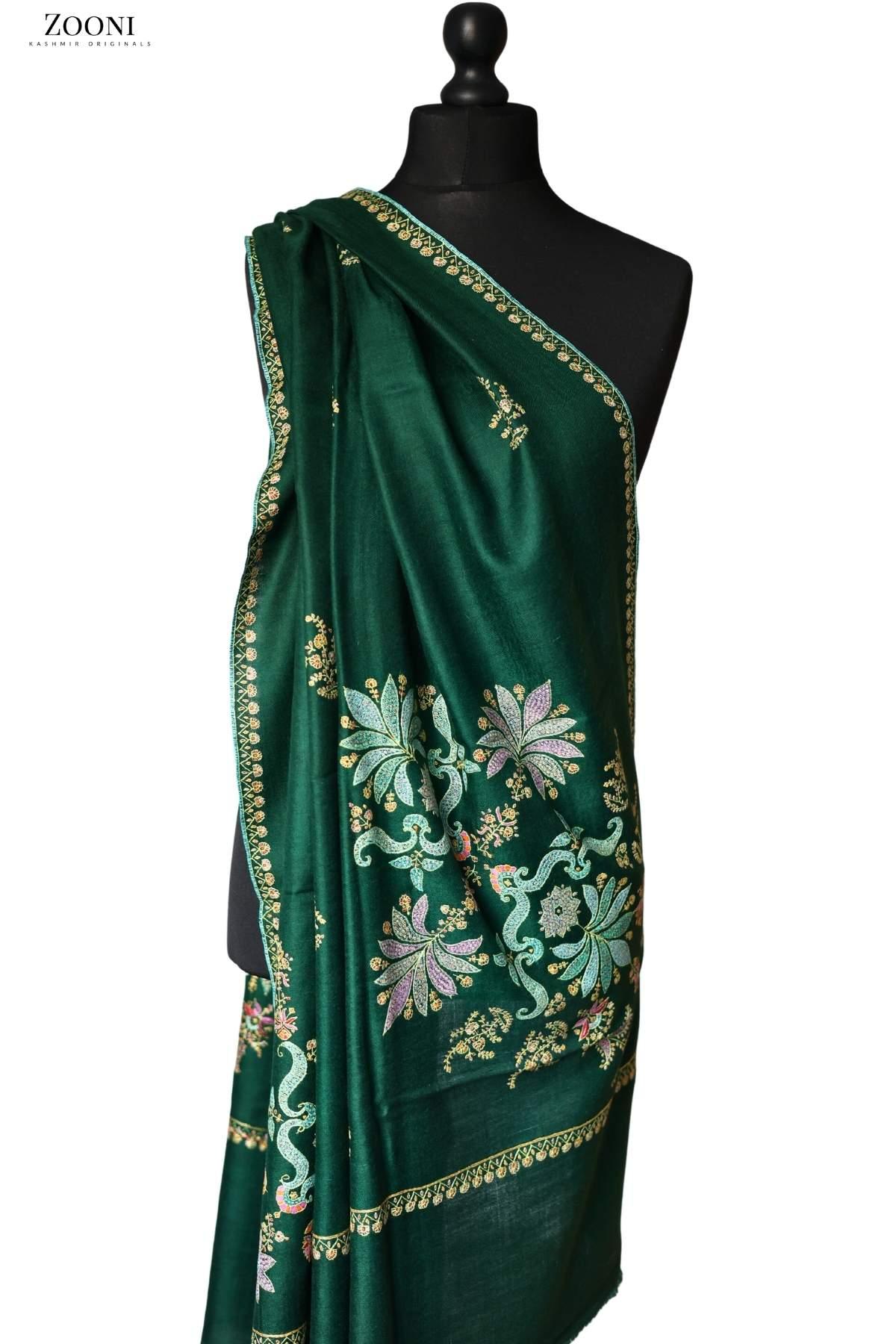 Hand Embroidered Sozni Shawl - Green - Zooni Cashmere Originals