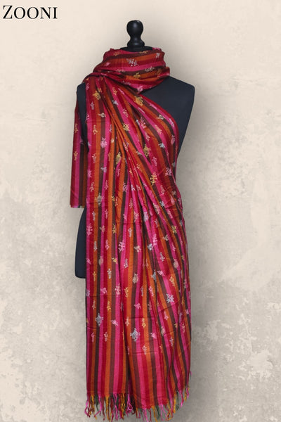 Hand Embroidered Sozni Shawl - Red Stripes