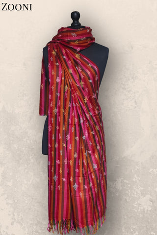 Hand Embroidered Sozni Shawl - Red Stripes