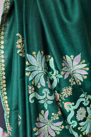 Hand Embroidered Sozni Shawl - Green - Zooni Cashmere Originals