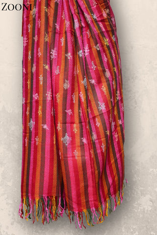 Hand Embroidered Sozni Shawl - Red Stripes