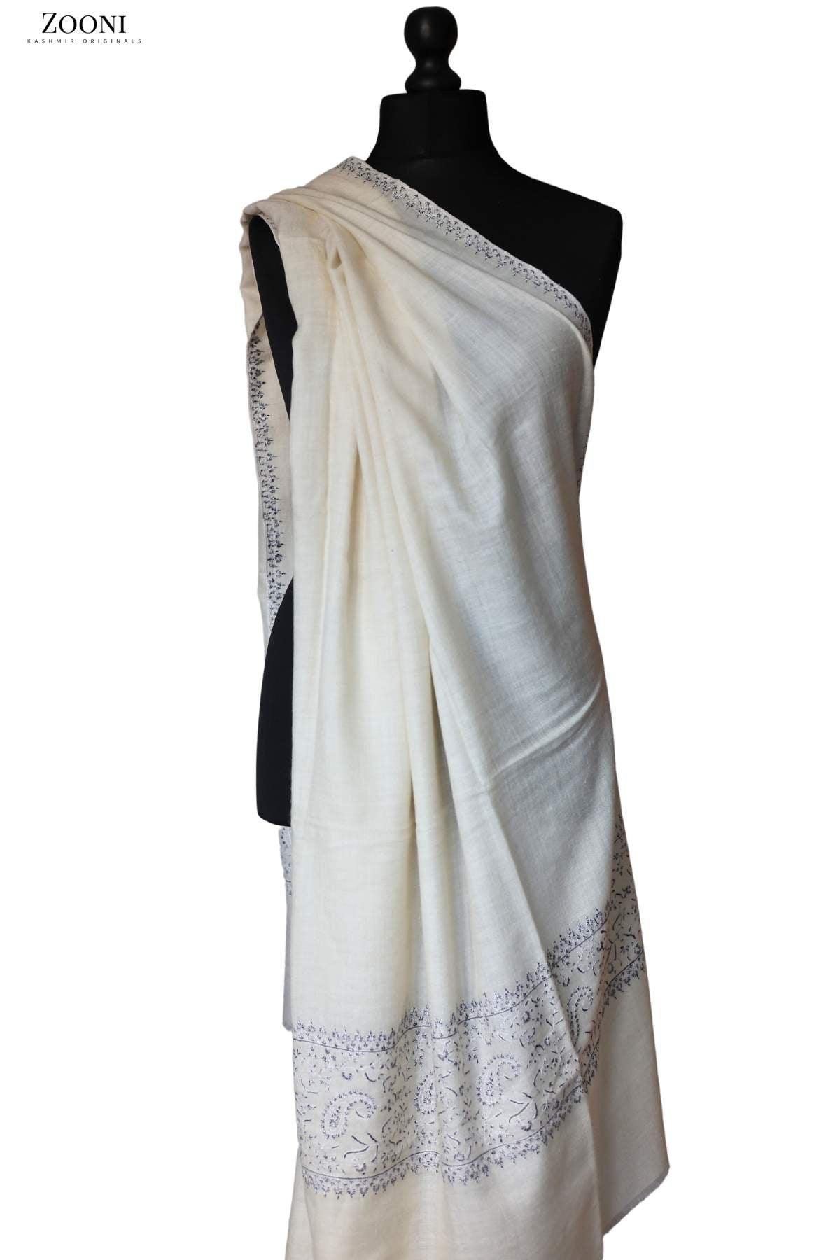 Hand Embroidered Sozni Shawl - White - Zooni Cashmere Originals