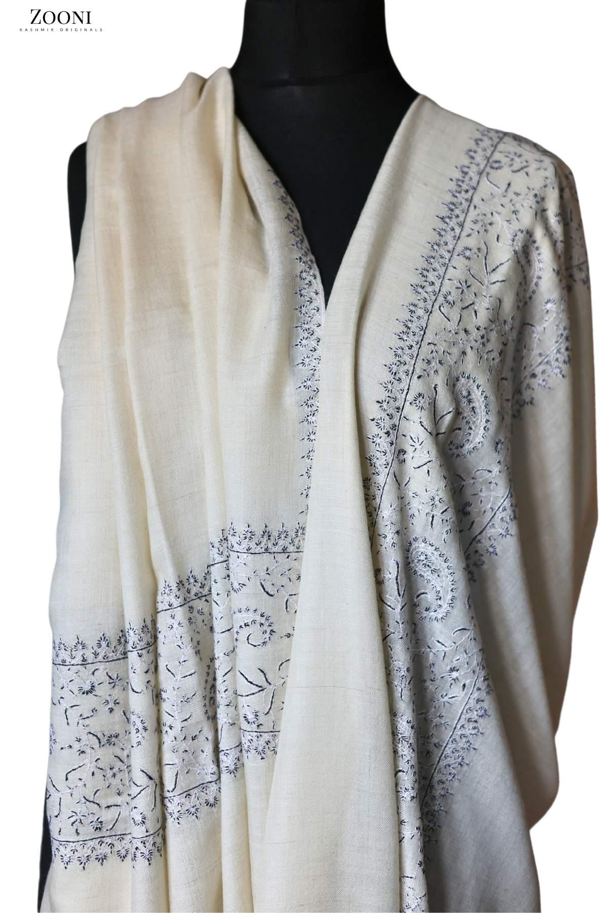 Hand Embroidered Sozni Shawl - White - Zooni Cashmere Originals