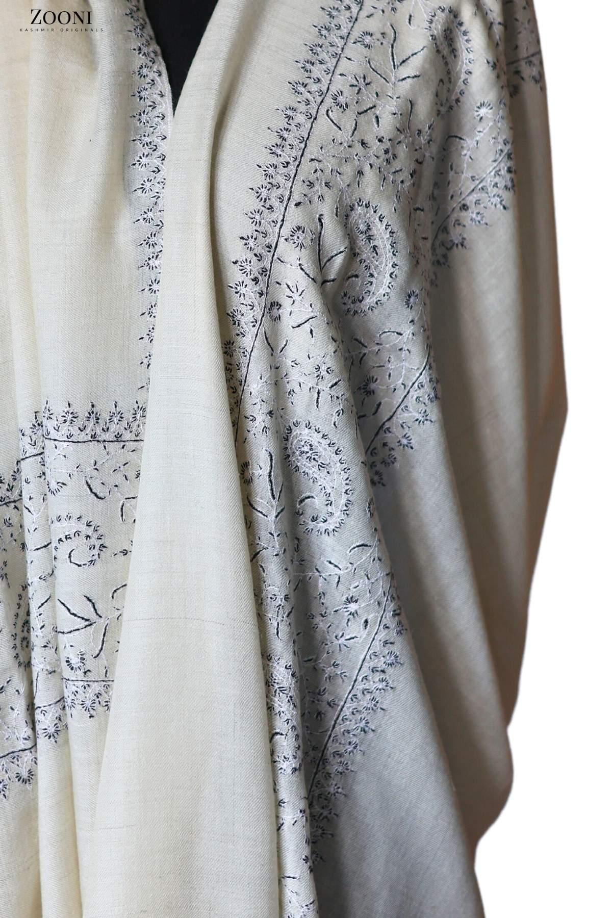 Hand Embroidered Sozni Shawl - White - Zooni Cashmere Originals