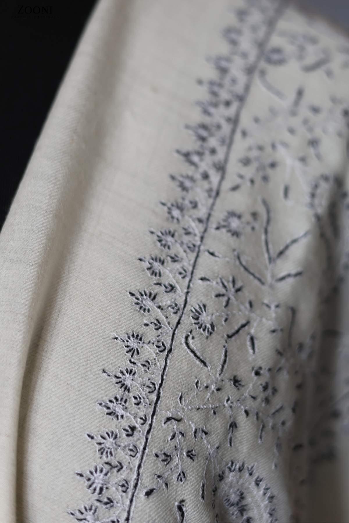 Hand Embroidered Sozni Shawl - White - Zooni Cashmere Originals