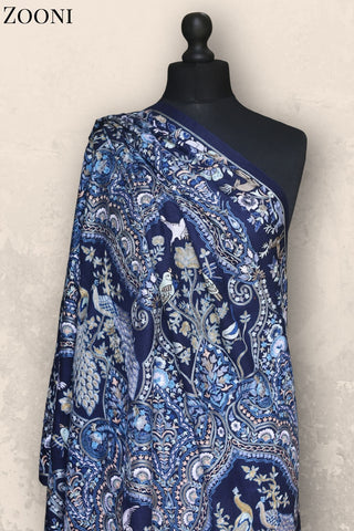 Hand Embroidered Qalamkar Shawl - Royal Blue