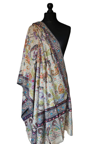 Hand Embroidered Qalamkar Shawl - Grey - Zooni Cashmere Originals