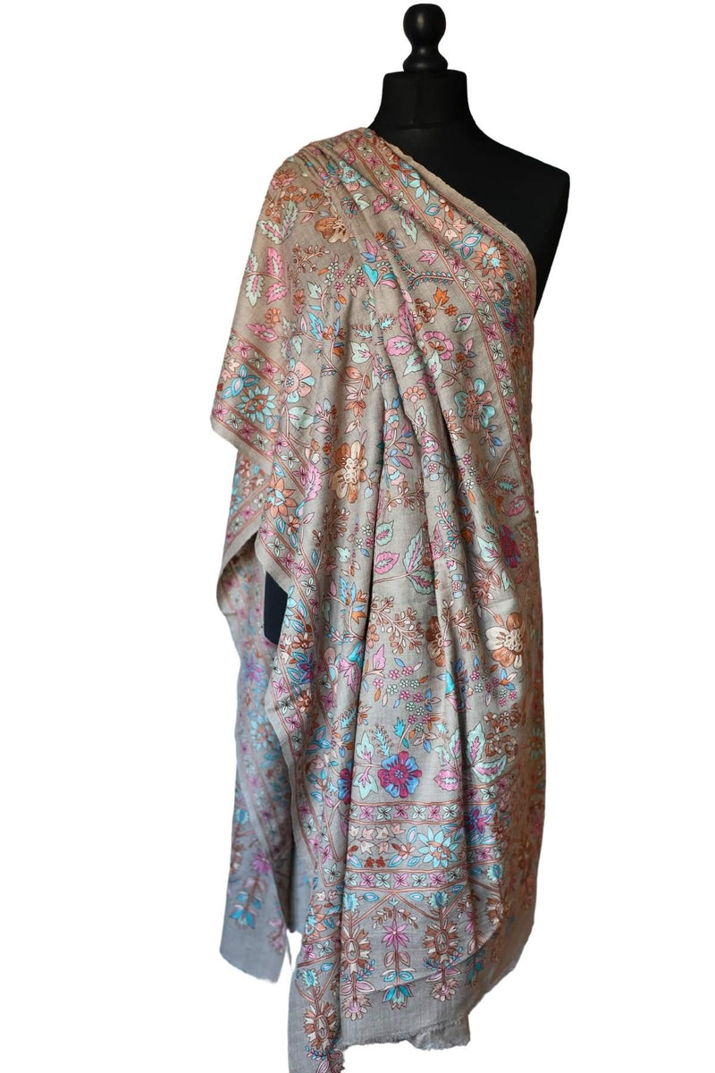 Hand Embroidered Qalamkar Shawl - Beige Floral - Zooni Cashmere Originals