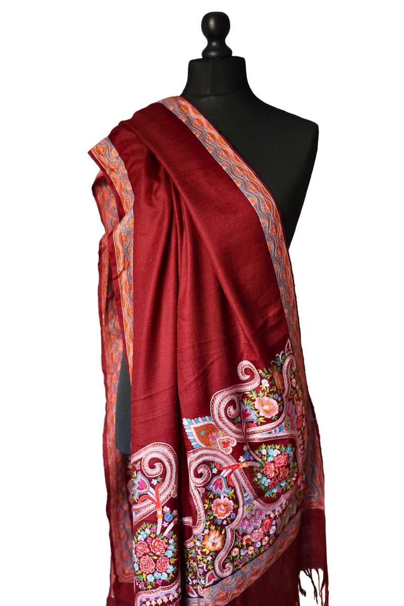 Hand Embroidered Qalamkar Shawl - A Royal Red - Zooni Cashmere Originals