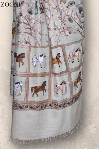 Hand Embroidered Qalamkar Shawl - Equestrian